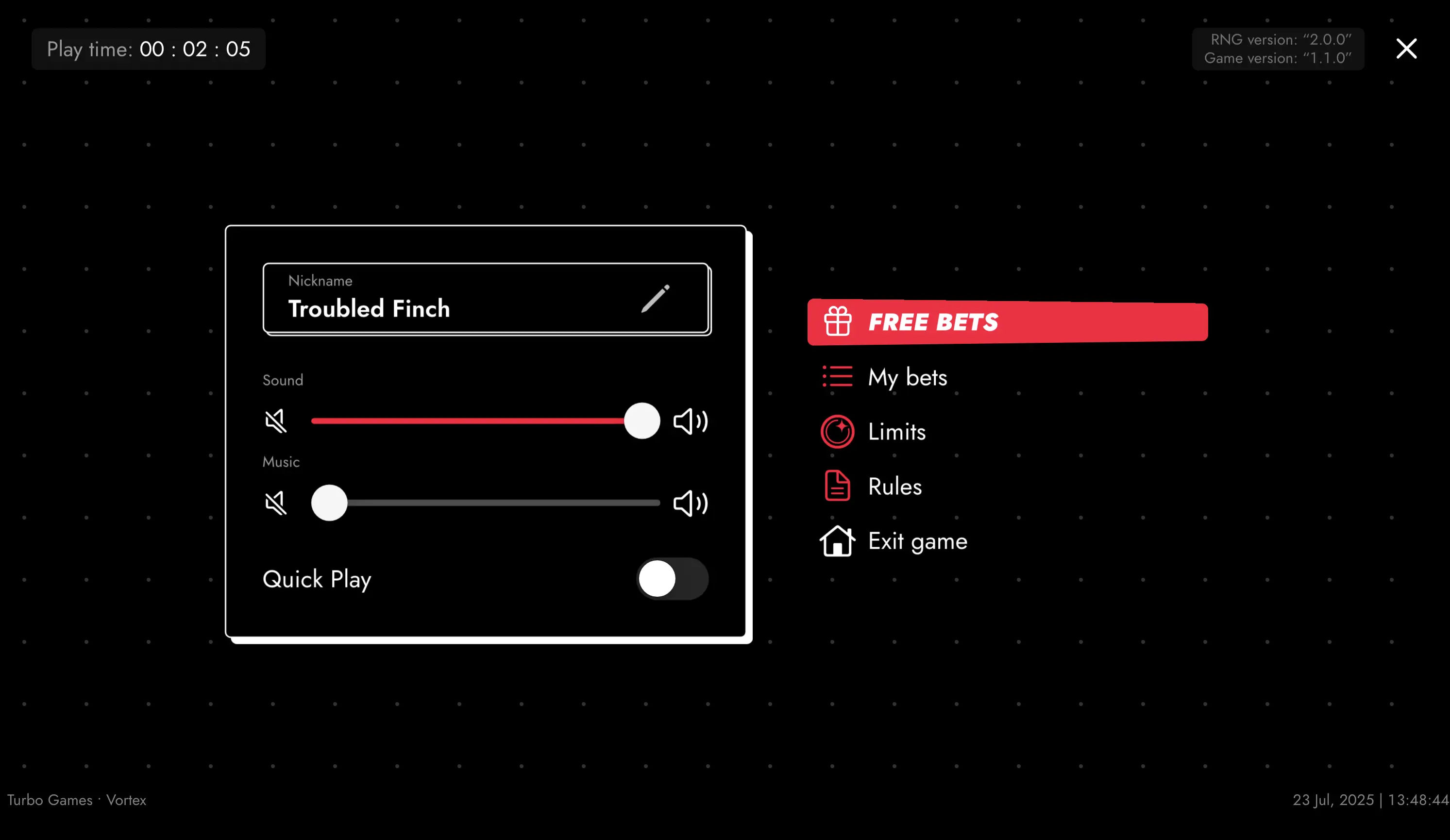 Vortex Game main menu